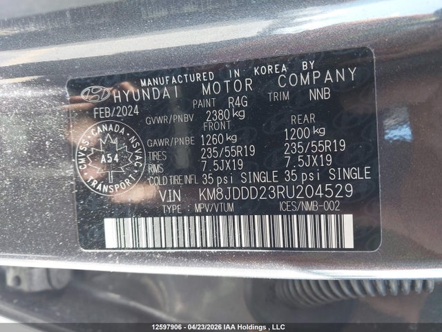 2024 Hyundai Tucson Ultimate Plug-in Hybrid Awd მანქანა იყიდება აუქციონზე, vin: KM8JDDD23RU204529, აუქციონის ნომერი: 12597906