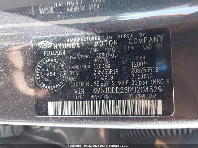 2024 Hyundai Tucson Ultimate Plug-in Hybrid Awd მანქანა იყიდება აუქციონზე, vin: KM8JDDD23RU204529, აუქციონის ნომერი: 12597906