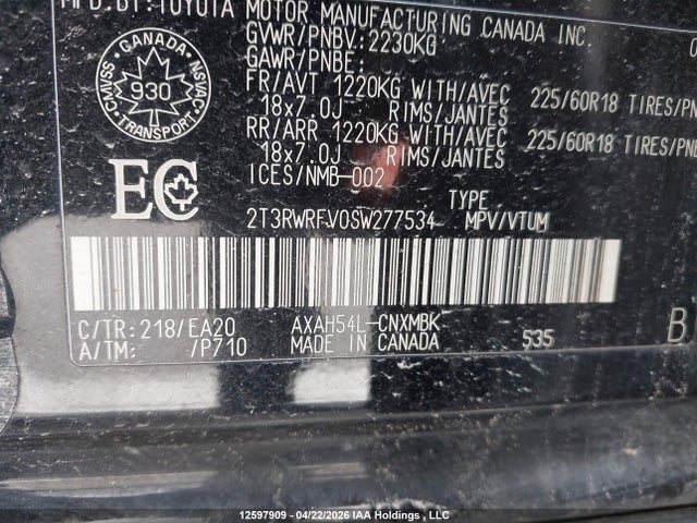 2T3RWRFV0SW277534 Toyota Rav4 Hybrid Xle