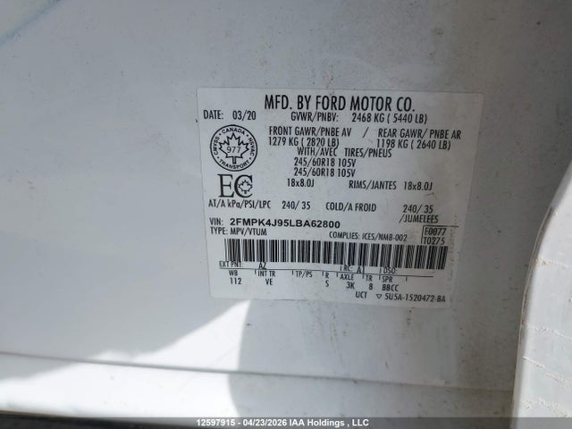Продажа на аукционе авто 2020 Ford Edge Sel, vin: 2FMPK4J95LBA62800, номер лота: 12597915