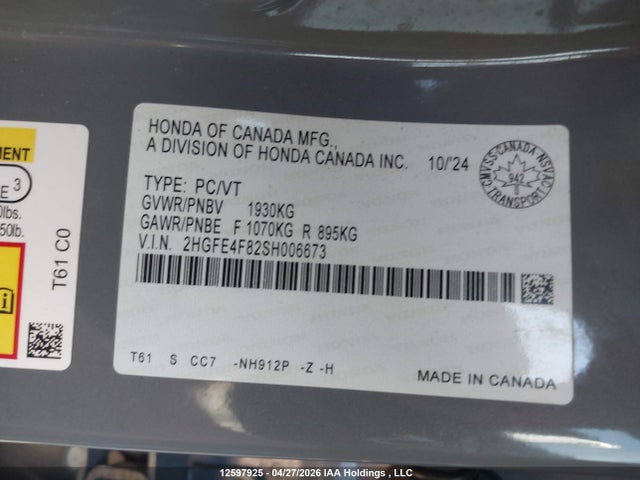Aukcja sprzedaży 2025 Honda Civic Hybrid, vin: 2HGFE4F82SH006673, numer aukcji: 12597925