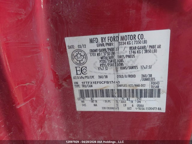 Aukcja sprzedaży 2012 Ford F-150, vin: 1FTFX1EF0CFB17443, numer aukcji: 12597929