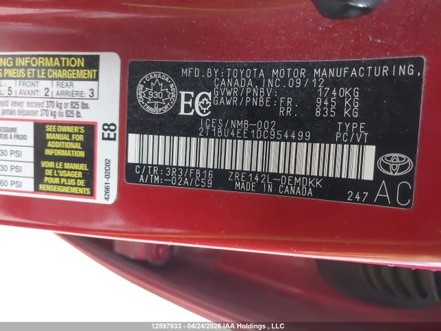 2013 Toyota Corolla S/le მანქანა იყიდება აუქციონზე, vin: 2T1BU4EE1DC954499, აუქციონის ნომერი: 12597933