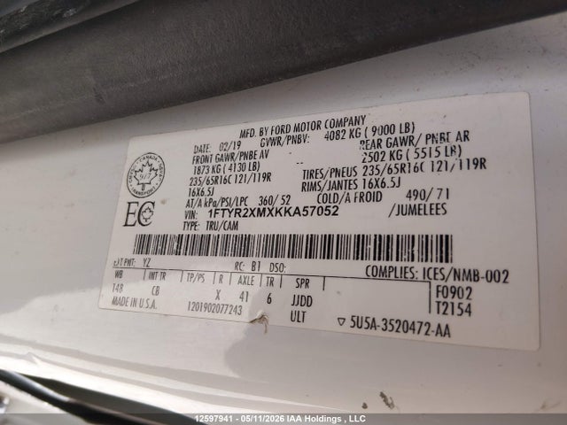 Aukcja sprzedaży 2019 Ford Transit-250, vin: 1FTYR2XMXKKA57052, numer aukcji: 12597941