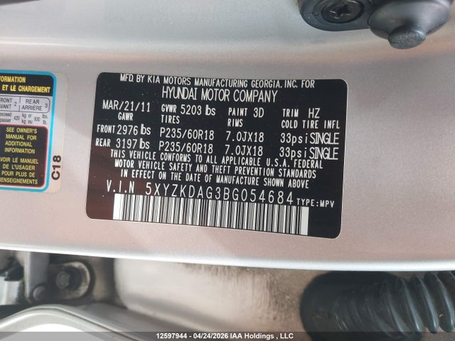 Продаж на аукціоні авто 2011 Hyundai Santa Fe Limited, vin: 5XYZKDAG3BG054684, номер лоту: 12597944