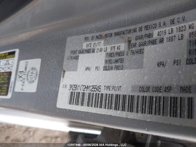 12597946 :رقم المزاد ، 3MZBN1V72HM125545 vin ، 2017 Mazda Mazda3 Gs مزاد بيع