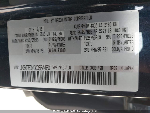 Продажа на аукционе авто 2019 Mazda Cx-5, vin: JM3KFBDY0K0554460, номер лота: 12597953