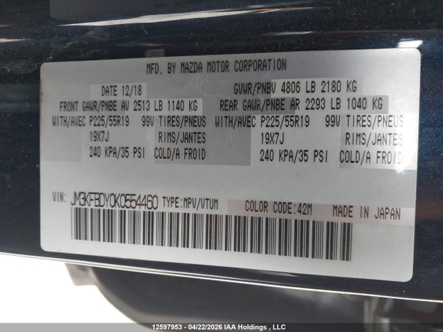 Продажа на аукционе авто 2019 Mazda Cx-5, vin: JM3KFBDY0K0554460, номер лота: 12597953