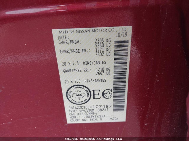Продаж на аукціоні авто 2020 Nissan Murano Platinum, vin: 5N1AZ2DS0LN107487, номер лоту: 12597955