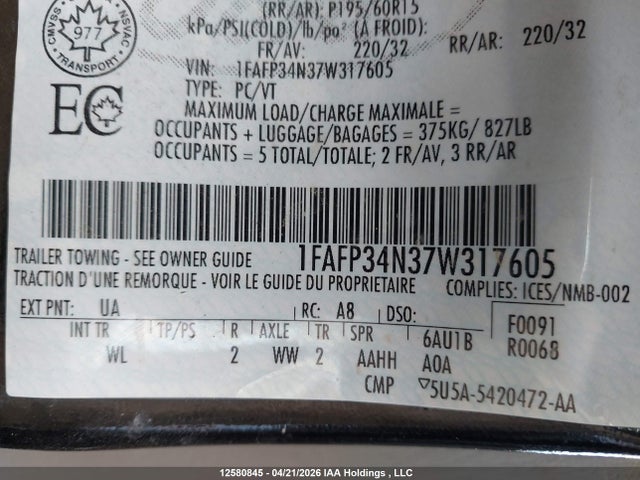 12580845 :رقم المزاد ، 1FAFP34N37W317605 vin ، 2007 Ford Focus S/se/ses مزاد بيع
