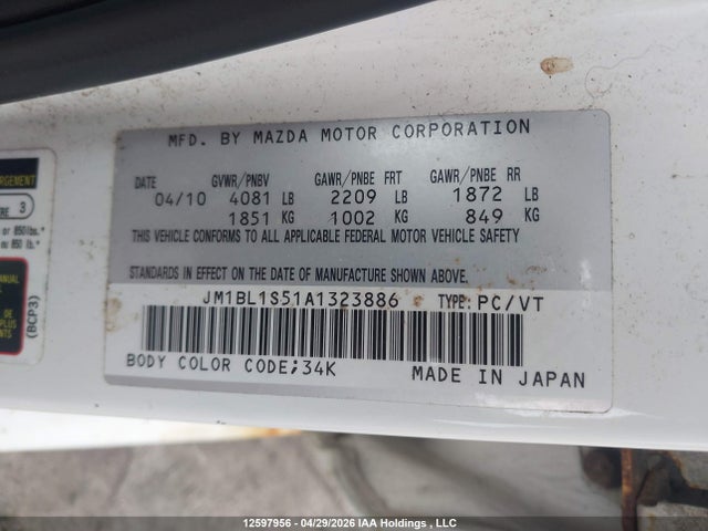Aukcja sprzedaży 2010 Mazda 3 S, vin: JM1BL1S51A1323886, numer aukcji: 12597956