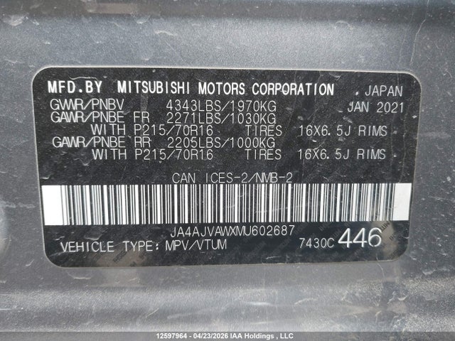 JA4AJVAWXMU602687 Mitsubishi Rvr Gt/le/se/sel