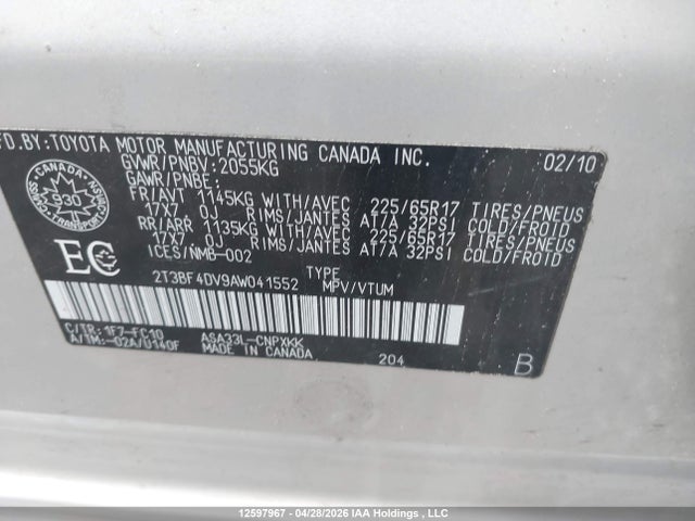 Aukcja sprzedaży 2010 Toyota Rav4, vin: 2T3BF4DV9AW041552, numer aukcji: 12597967