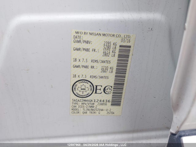 5N1AZ2MHXGN124436 Nissan Murano Platinum/sl/sv