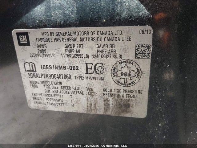 2013 Chevrolet Equinox მანქანა იყიდება აუქციონზე, vin: 2GNALPEK9D6407060, აუქციონის ნომერი: 12597971