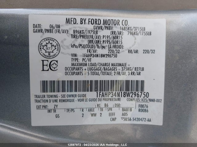 Aukcja sprzedaży 2008 Ford Focus S/se, vin: 1FAHP34N18W296750, numer aukcji: 12597972