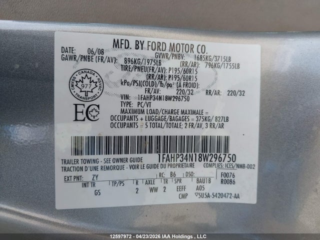 Aukcja sprzedaży 2008 Ford Focus S/se, vin: 1FAHP34N18W296750, numer aukcji: 12597972