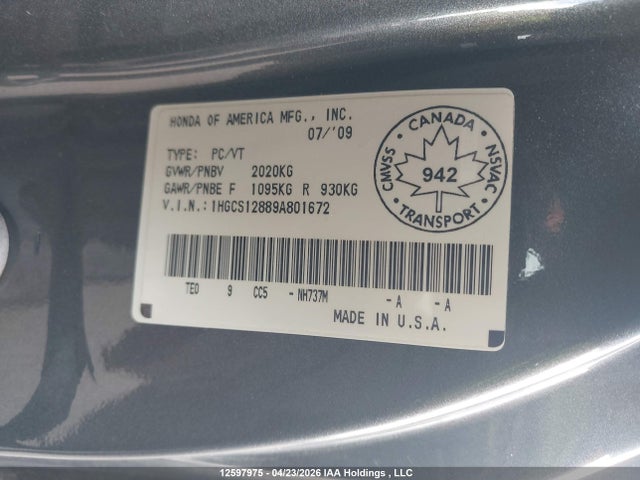Продажа на аукционе авто 2009 Honda Accord Exl, vin: 1HGCS12889A801672, номер лота: 12597975