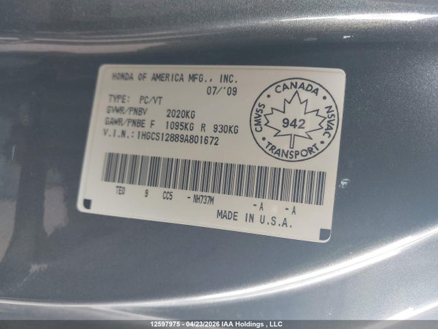 Продажа на аукционе авто 2009 Honda Accord Exl, vin: 1HGCS12889A801672, номер лота: 12597975