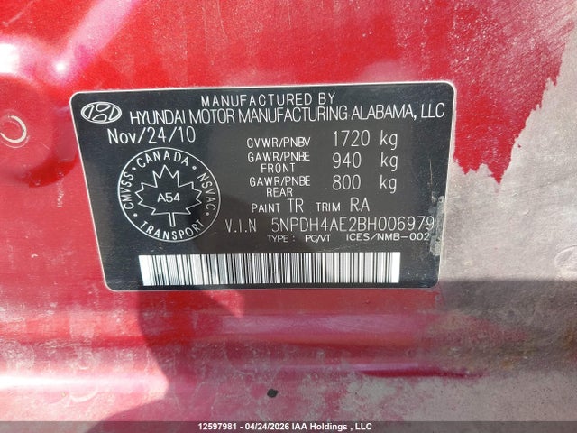2011 Hyundai Elantra მანქანა იყიდება აუქციონზე, vin: 5NPDH4AE2BH006979, აუქციონის ნომერი: 12597981