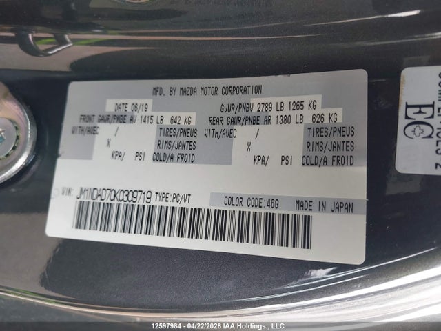 12597984 :رقم المزاد ، JM1NDAD70K0309719 vin ، 2019 Mazda Mx-5 Gt مزاد بيع