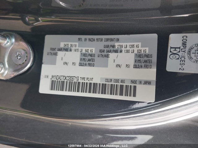 12597984 :رقم المزاد ، JM1NDAD70K0309719 vin ، 2019 Mazda Mx-5 Gt مزاد بيع