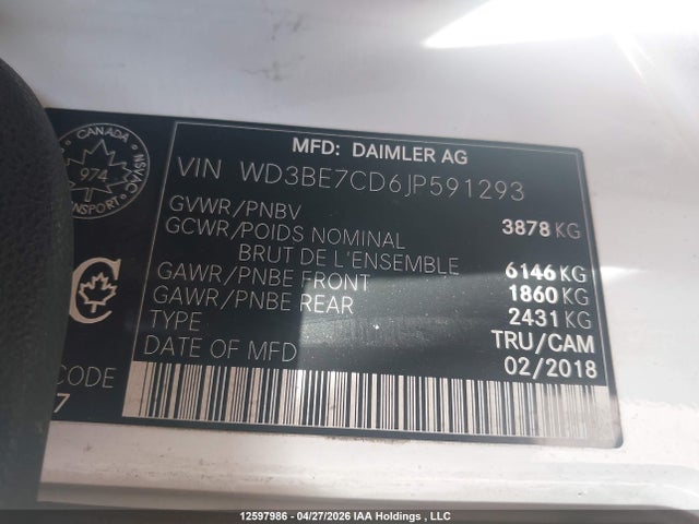 12597986 :رقم المزاد ، WD3BE7CD6JP591293 vin ، 2018 Mercedes-benz Sprinter 2500 Standard Roof V6 مزاد بيع
