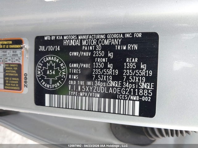 5XYZUDLA0EG211885 Hyundai Santa Fe Sport 2.0t Limited