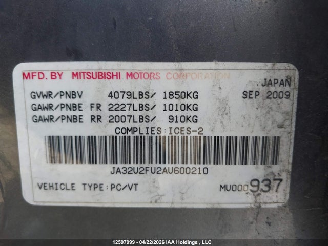 Продаж на аукціоні авто 2010 Mitsubishi Lancer Es/es Sport, vin: JA32U2FU2AU600210, номер лоту: 12597999
