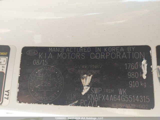 KNAFX4A64G5514315 KIA Forte