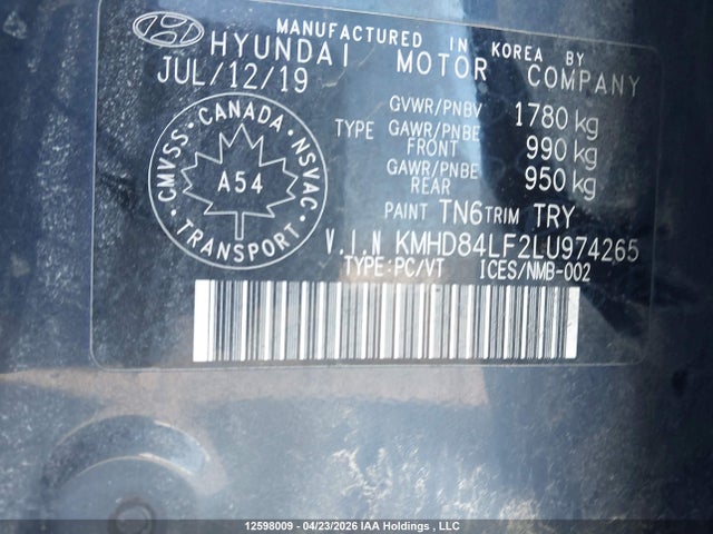 12598009 :رقم المزاد ، KMHD84LF2LU974265 vin ، 2020 Hyundai Elantra Sel/value/limited مزاد بيع