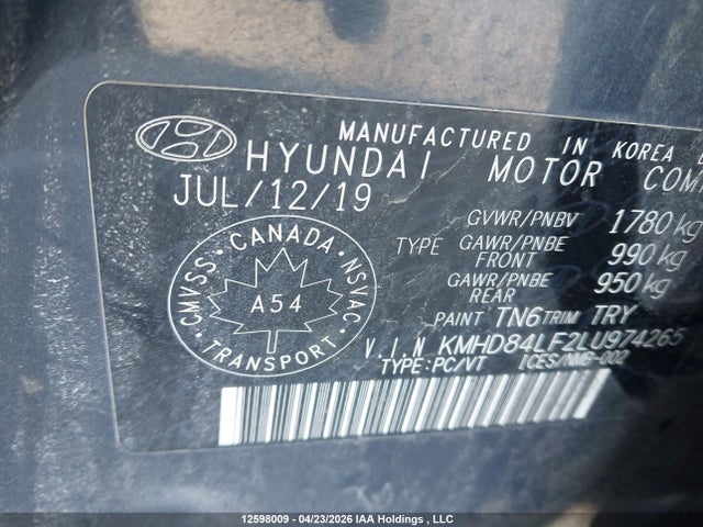 12598009 :رقم المزاد ، KMHD84LF2LU974265 vin ، 2020 Hyundai Elantra Sel/value/limited مزاد بيع