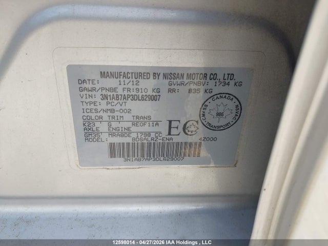 2013 Nissan Sentra 1.8 S/1.8 Sv მანქანა იყიდება აუქციონზე, vin: 3N1AB7AP3DL629007, აუქციონის ნომერი: 12598014