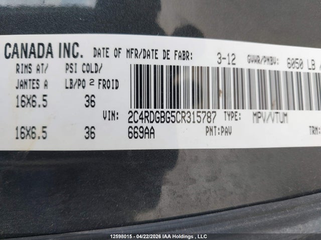 Aukcja sprzedaży 2012 Dodge Grand Caravan Se, vin: 2C4RDGBG5CR315787, numer aukcji: 12598015