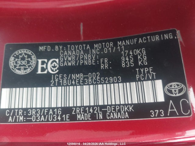 Продажа на аукционе авто 2011 Toyota Corolla Ce, vin: 2T1BU4EE3BC552903, номер лота: 12598016