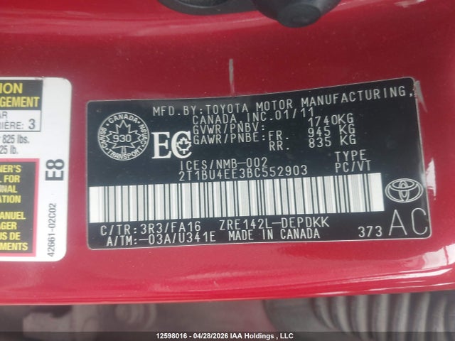 Продажа на аукционе авто 2011 Toyota Corolla Ce, vin: 2T1BU4EE3BC552903, номер лота: 12598016