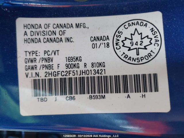 2HGFC2F51JH013421 Honda Civic Lx