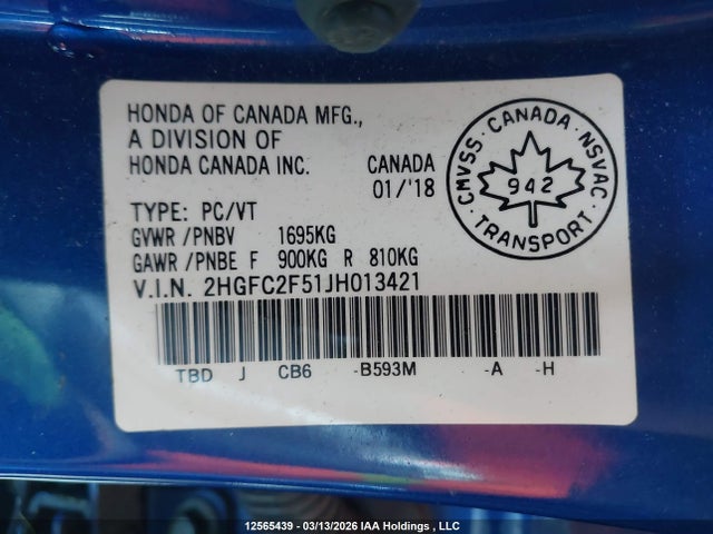 2HGFC2F51JH013421 Honda Civic Lx