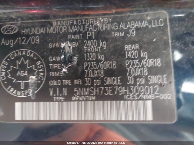 Продаж на аукціоні авто 2009 Hyundai Santa Fe Gls/limited, vin: 5NMSH73E79H309012, номер лоту: 12598017