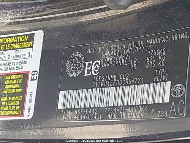 12598026 :رقم المزاد ، 2T1KU4EE0BC554771 vin ، 2011 Toyota Corolla Matrix مزاد بيع