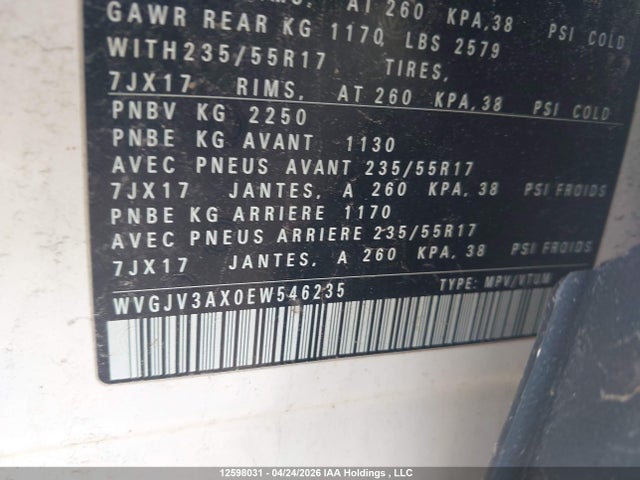 12598031 :رقم المزاد ، WVGJV3AX0EW546235 vin ، 2014 Volkswagen Tiguan S/se/sel/r-line مزاد بيع