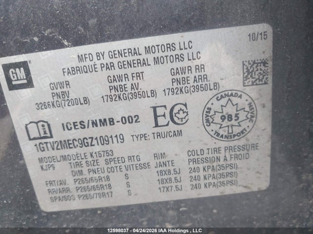 GMC Sierra 1500 Sle 2016 1GTV2MEC9GZ109119 Image 9