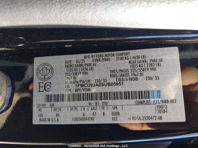 Aukcja sprzedaży 2025 Ford Escape Platinum, vin: 1FMCU9JA0SUB05951, numer aukcji: 12598041