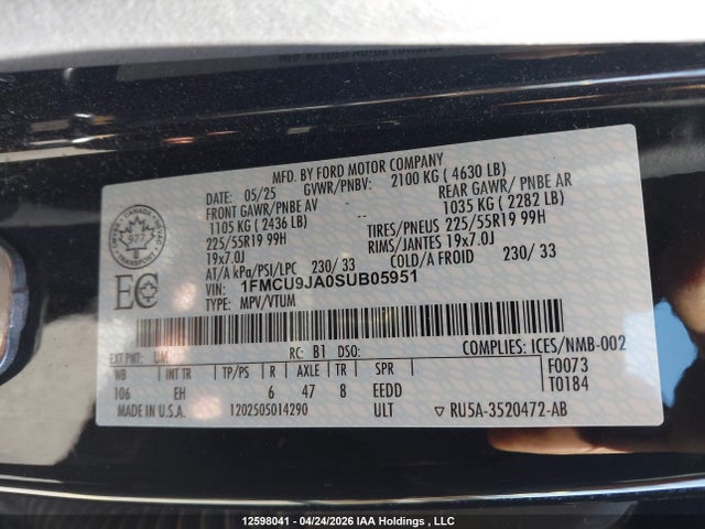 Aukcja sprzedaży 2025 Ford Escape Platinum, vin: 1FMCU9JA0SUB05951, numer aukcji: 12598041
