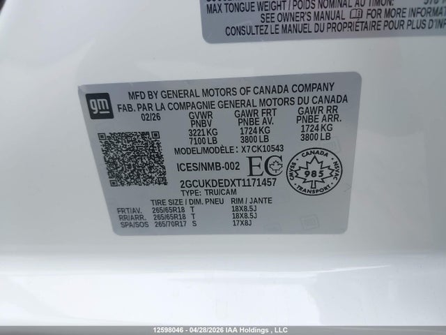 2026 Chevrolet Silverado K1500 Lt მანქანა იყიდება აუქციონზე, vin: 2GCUKDEDXT1171457, აუქციონის ნომერი: 12598046