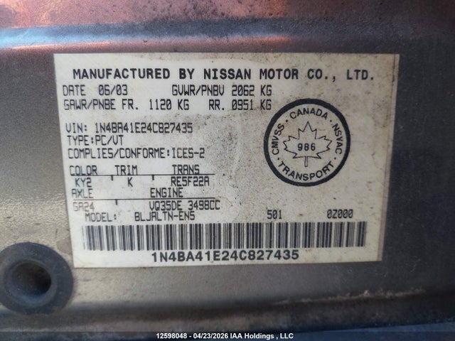 2004 Nissan Maxima 3.5 Sl მანქანა იყიდება აუქციონზე, vin: 1N4BA41E24C827435, აუქციონის ნომერი: 12598048