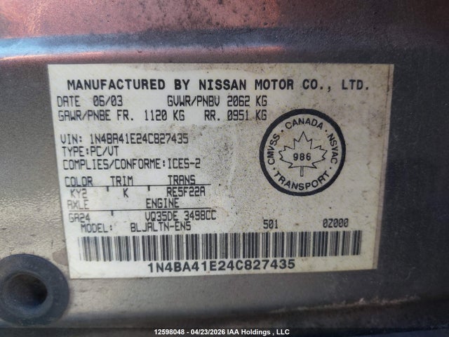 2004 Nissan Maxima 3.5 Sl მანქანა იყიდება აუქციონზე, vin: 1N4BA41E24C827435, აუქციონის ნომერი: 12598048