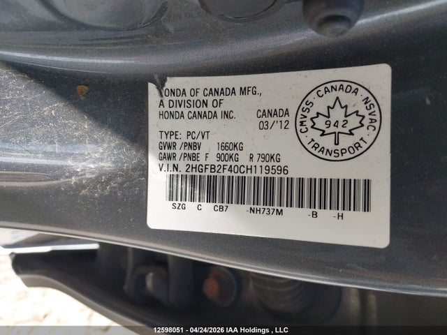 Aukcja sprzedaży 2012 Honda Civic Lx, vin: 2HGFB2F40CH119596, numer aukcji: 12598051