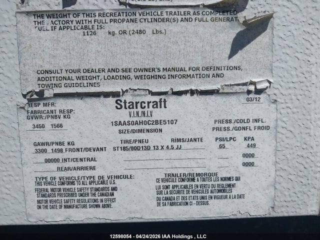 Продажа на аукционе авто 2012 Starcraft , vin: 1SAAS0AH0C2BE5107, номер лота: 12598054