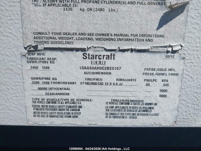 Продажа на аукционе авто 2012 Starcraft , vin: 1SAAS0AH0C2BE5107, номер лота: 12598054